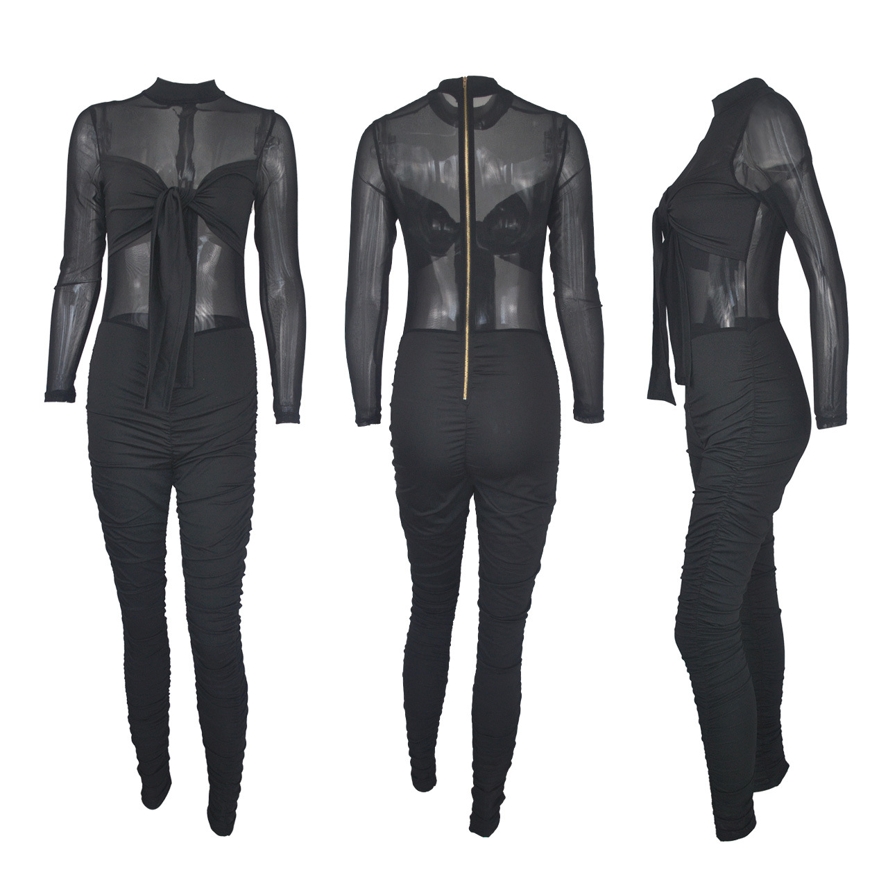 2021 New long sleeve tight bandage high stretch night club sexy mesh Jumpsuit