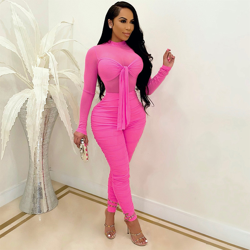 2021 New long sleeve tight bandage high stretch night club sexy mesh Jumpsuit