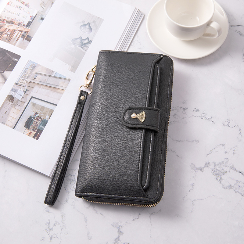 Women's long Korean pure color simple multi card large capacity small fresh zipper handbag