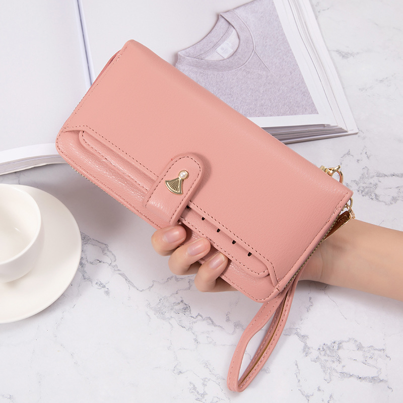 Women's long Korean pure color simple multi card large capacity small fresh zipper handbag