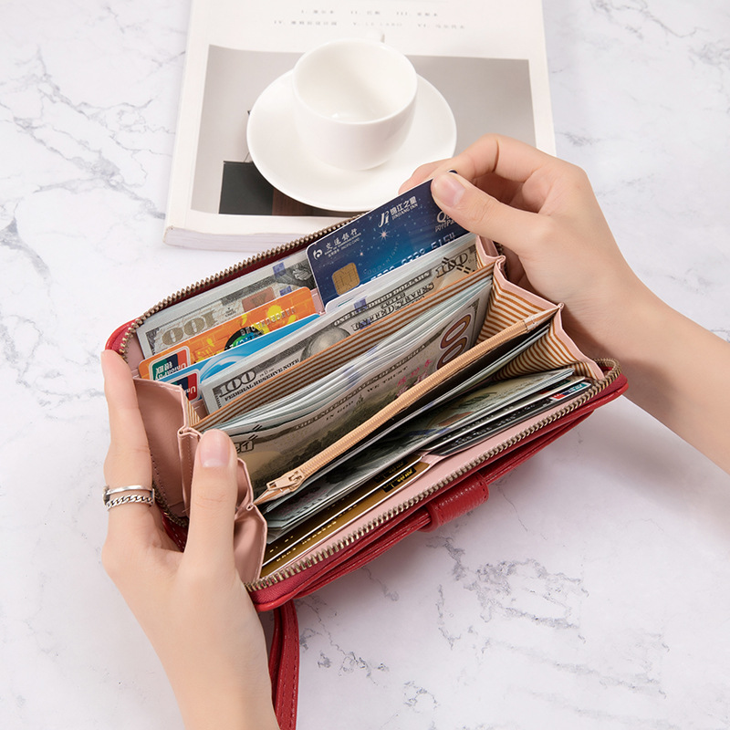Women's long Korean pure color simple multi card large capacity small fresh zipper handbag