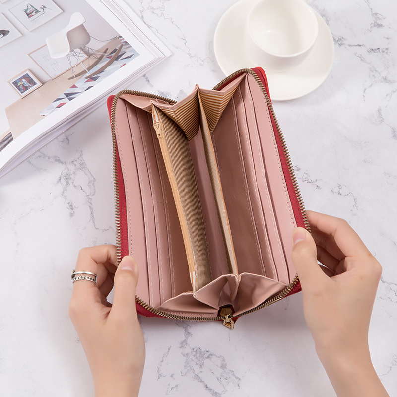 Women's long Korean pure color simple multi card large capacity small fresh zipper handbag