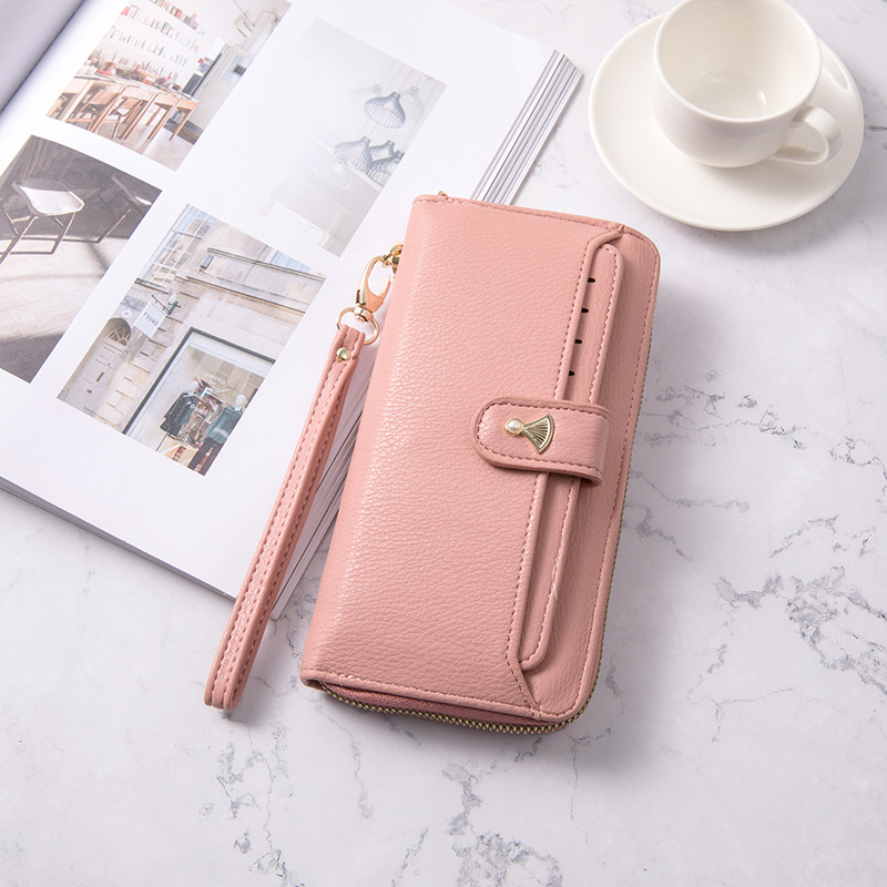 Women's long Korean pure color simple multi card large capacity small fresh zipper handbag
