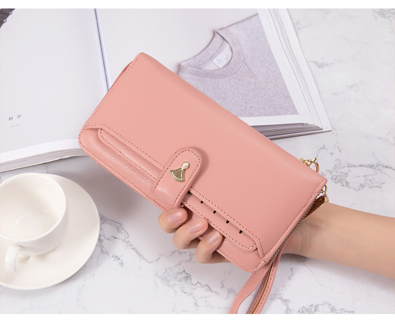 Women's long Korean pure color simple multi card large capacity small fresh zipper handbag