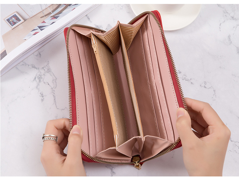 Women's long Korean pure color simple multi card large capacity small fresh zipper handbag