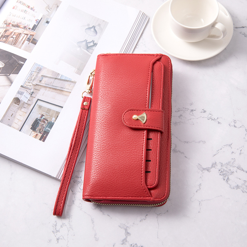 Women's long Korean pure color simple multi card large capacity small fresh zipper handbag