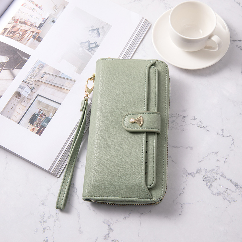 Women's long Korean pure color simple multi card large capacity small fresh zipper handbag