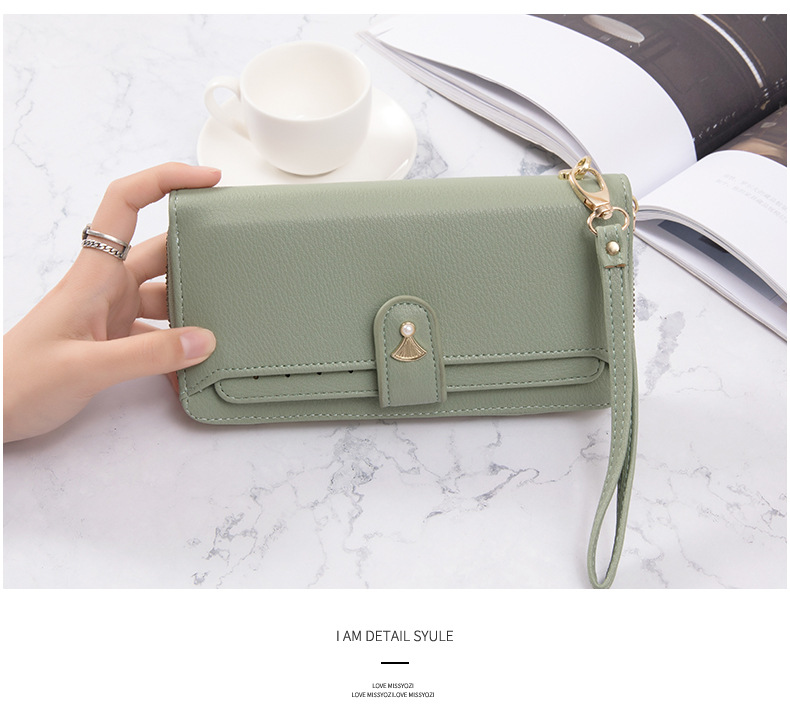 Women's long Korean pure color simple multi card large capacity small fresh zipper handbag