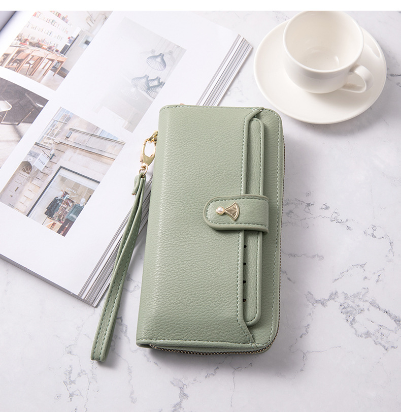 Women's long Korean pure color simple multi card large capacity small fresh zipper handbag