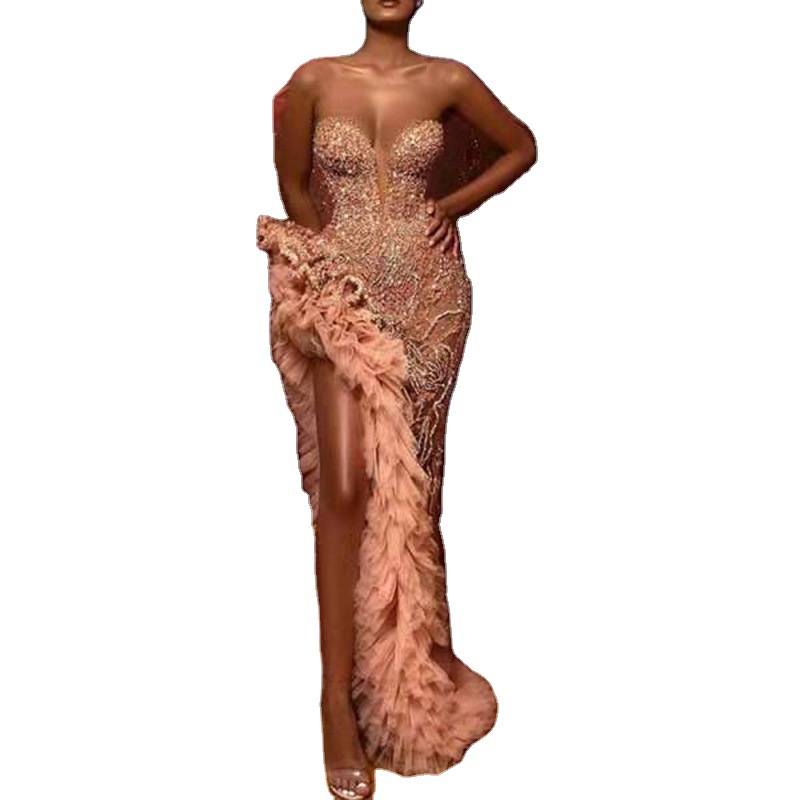 2021 Spring new women&apos;s annual meeting tassel tail evening dress skirt Sexy Sequin bra dress