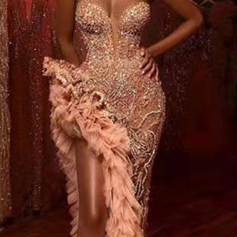 2021 Spring new women&apos;s annual meeting tassel tail evening dress skirt Sexy Sequin bra dress
