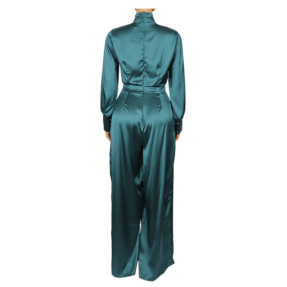 Women&apos;s fashion high waist temperament trumpet stretch satin fabric slim Jumpsuit