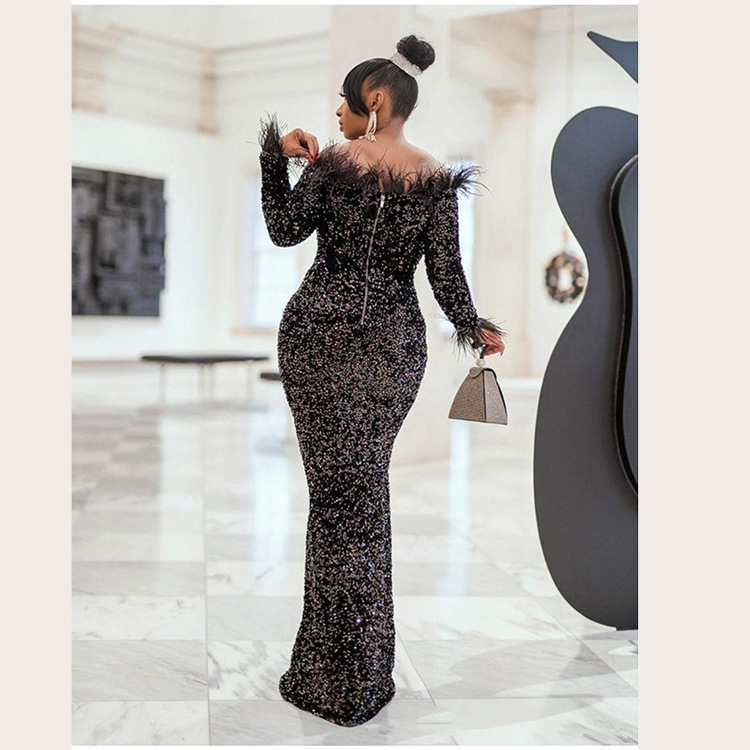 African women's clothes flannelette bead piece spell ostrich hair one-line collar Long Sleeve Dress