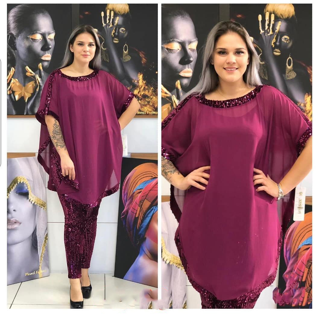 Women's suit large top bead splicing chiffon with inner sling and elastic bead pants