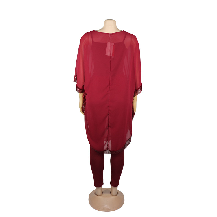 Women's suit large top bead splicing chiffon with inner sling and elastic bead pants