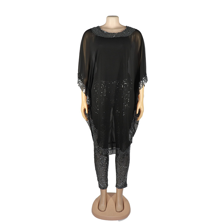 Women's suit large top bead splicing chiffon with inner sling and elastic bead pants