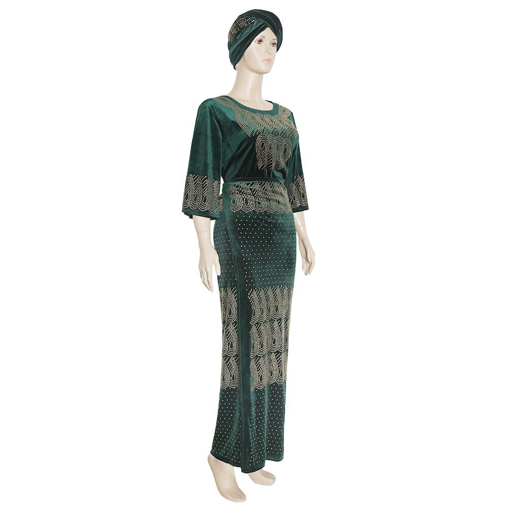 African fashion celebrities women's Flannelette front and rear hot drill # three piece # Skirt Set + headscarf