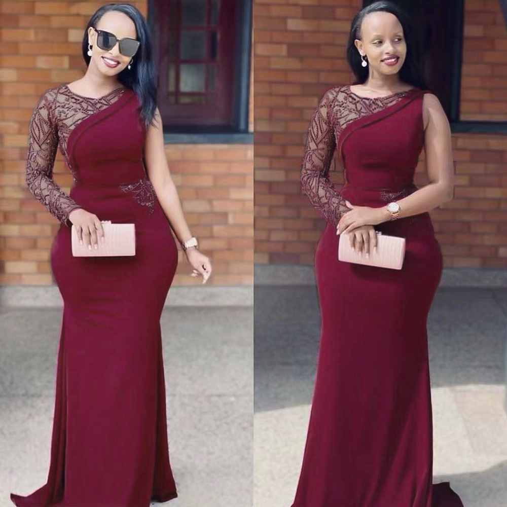 African large women's dress express temperament slim asymmetric lace sleeve dress fishtail long evening dress