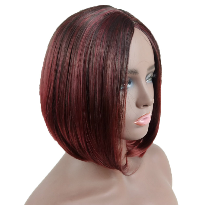 Women's split Bobo head style chemical fiber hair dyeing black gradient wine red short hair set