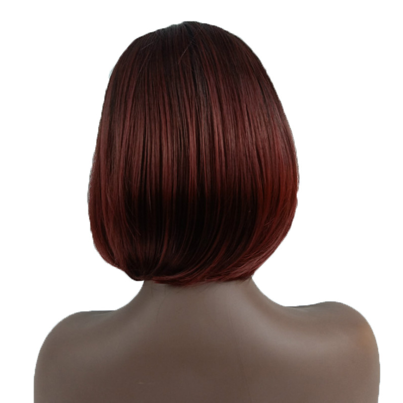 Women's split Bobo head style chemical fiber hair dyeing black gradient wine red short hair set