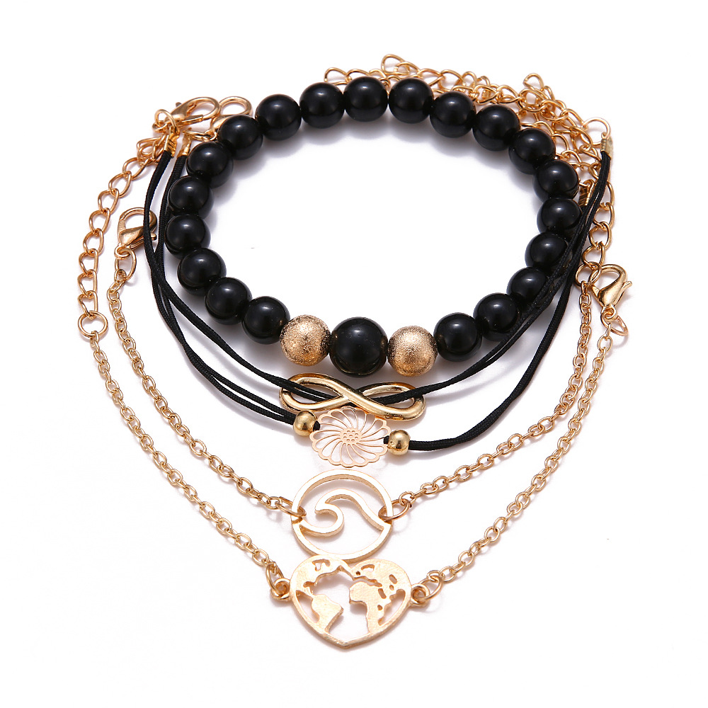 Hollow out flower piece love map black bead string simple 8-character English letter Bracelet Set