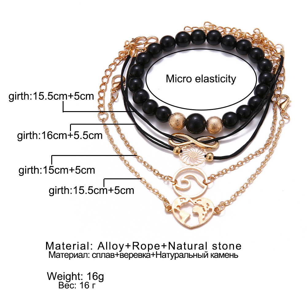 Hollow out flower piece love map black bead string simple 8-character English letter Bracelet Set