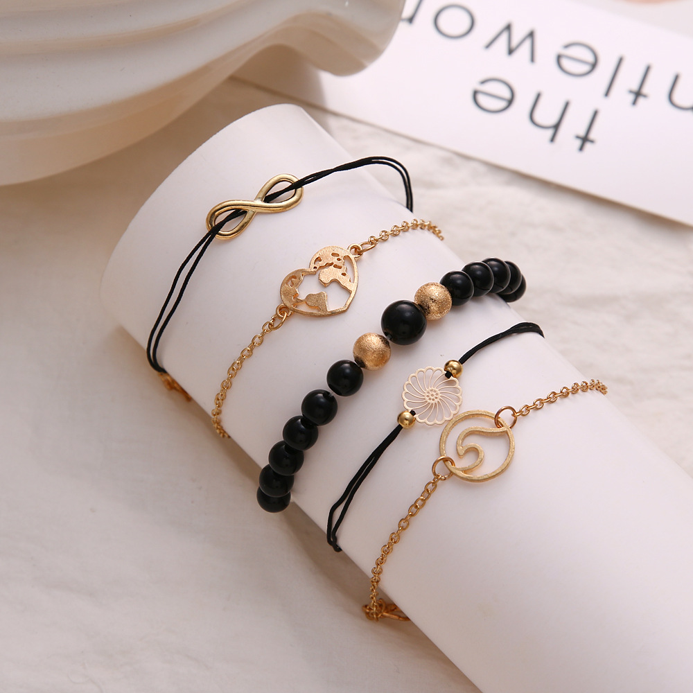 Hollow out flower piece love map black bead string simple 8-character English letter Bracelet Set