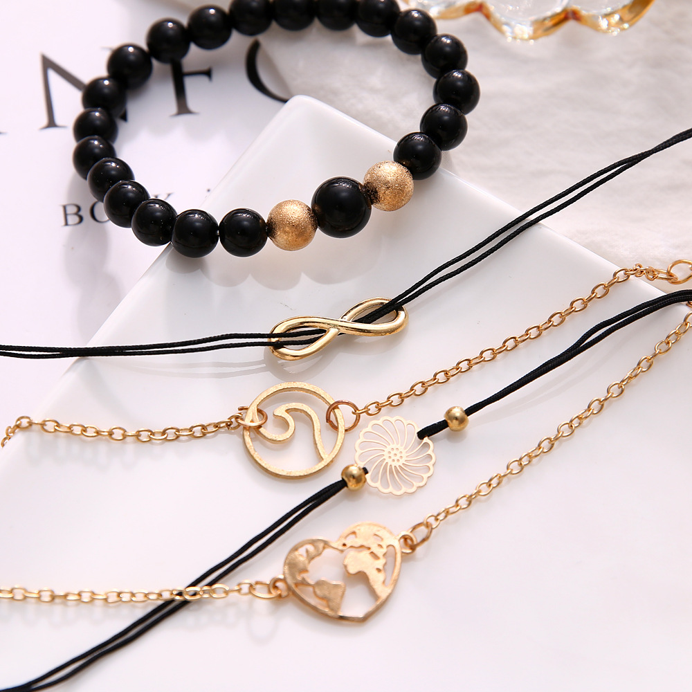 Hollow out flower piece love map black bead string simple 8-character English letter Bracelet Set
