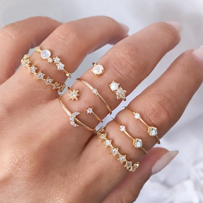 10 Set Star crescent ring 9-piece set of retro simple brick inlaid alloy joint ring