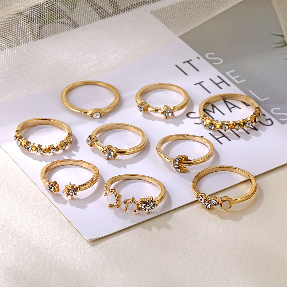 10 Set Star crescent ring 9-piece set of retro simple brick inlaid alloy joint ring