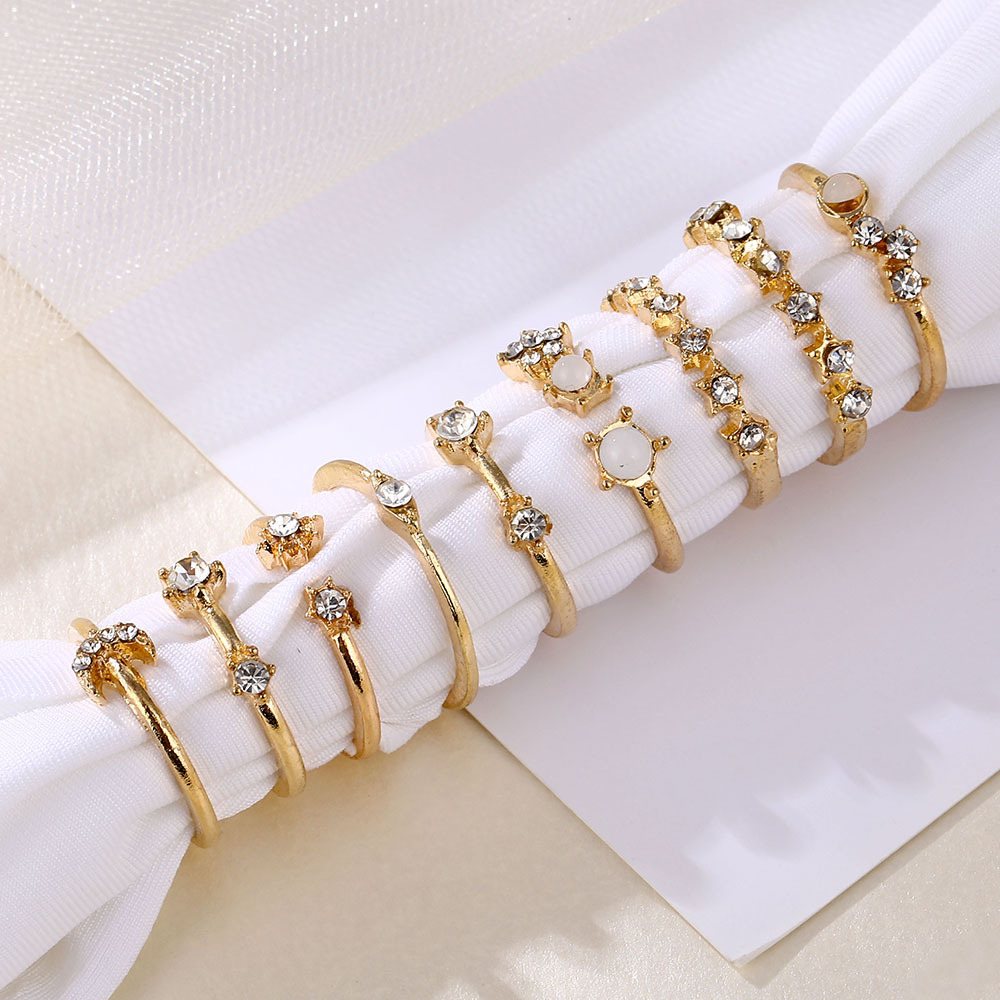 10 Set Star crescent ring 9-piece set of retro simple brick inlaid alloy joint ring