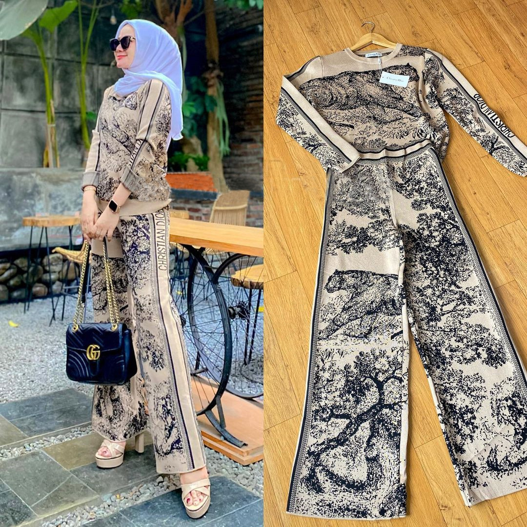 Muslim Vintage jungle pattern knitted set Middle East Dubai fashion women's wear