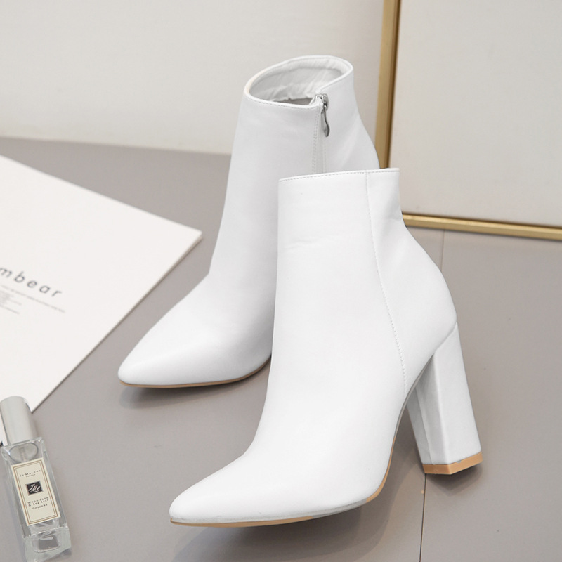 Women boots white high heels fashion pointed fashion thick heel short boots women's Boots White