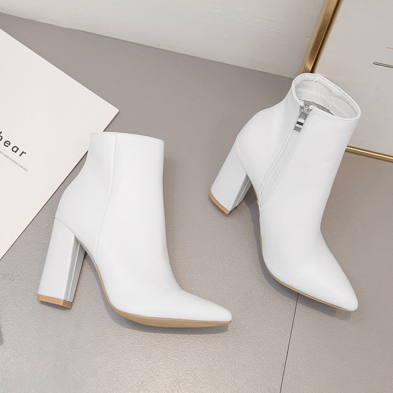 Women boots white high heels fashion pointed fashion thick heel short boots women's Boots White