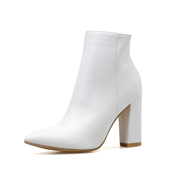 Women boots white high heels fashion pointed fashion thick heel short boots women's Boots White