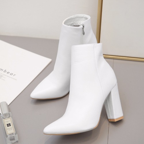 Women boots white high heels fashion pointed fashion thick heel short boots women's Boots White