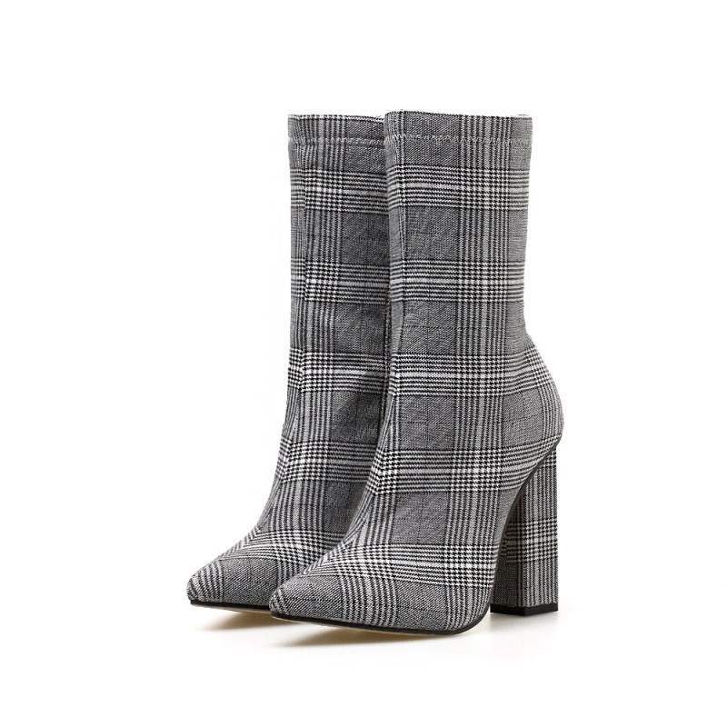 Women's high heels boots winter new pointed Plaid thick high heels winter boots