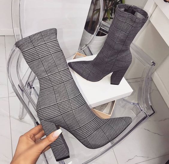 Women's high heels boots winter new pointed Plaid thick high heels winter boots