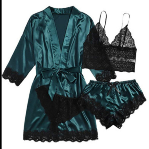 4-piece set Lace Satin suspender pajamas women's summer suit with nightgown and nightdress suit