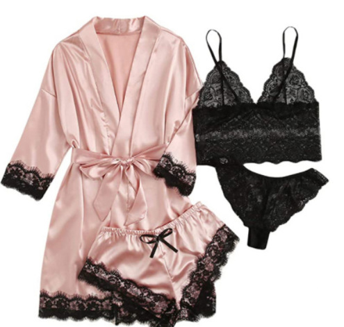 4-piece set Lace Satin suspender pajamas women's summer suit with nightgown and nightdress suit