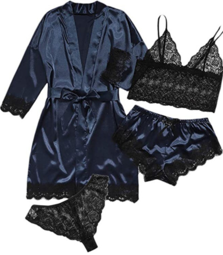 4-piece set Lace Satin suspender pajamas women's summer suit with nightgown and nightdress suit