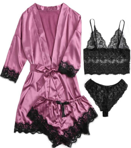 4-piece set Lace Satin suspender pajamas women's summer suit with nightgown and nightdress suit