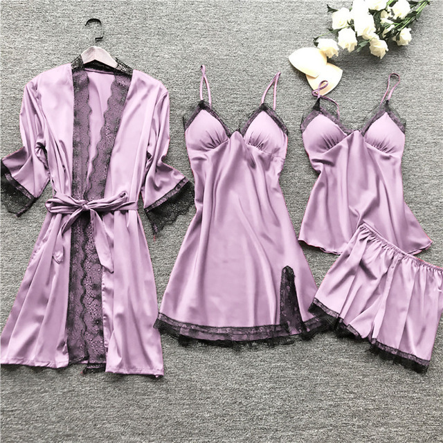 Women's sexy home clothes, Nightgown, sexy pajamas, four piece set, suspender nightdress suit