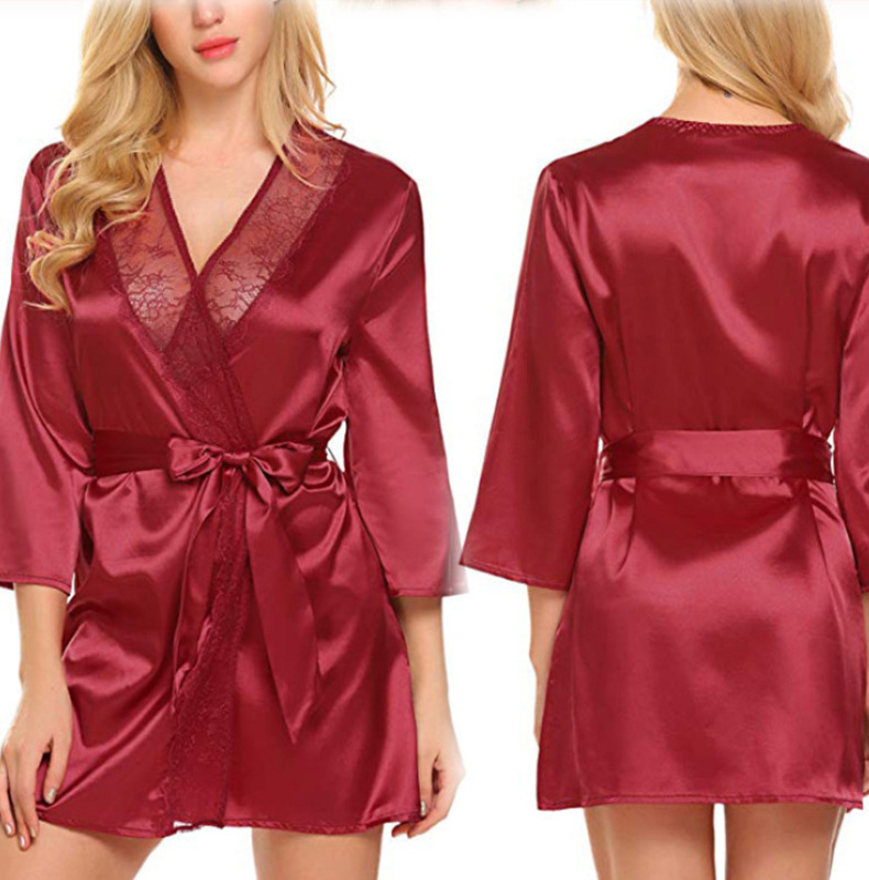 Sexy underwear uniform temptation lace coat bathrobe pajamas V-neck thin three piece set cardigan