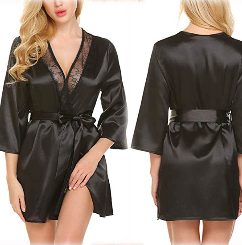 Sexy underwear uniform temptation lace coat bathrobe pajamas V-neck thin three piece set cardigan