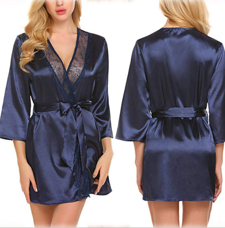 Sexy underwear uniform temptation lace coat bathrobe pajamas V-neck thin three piece set cardigan