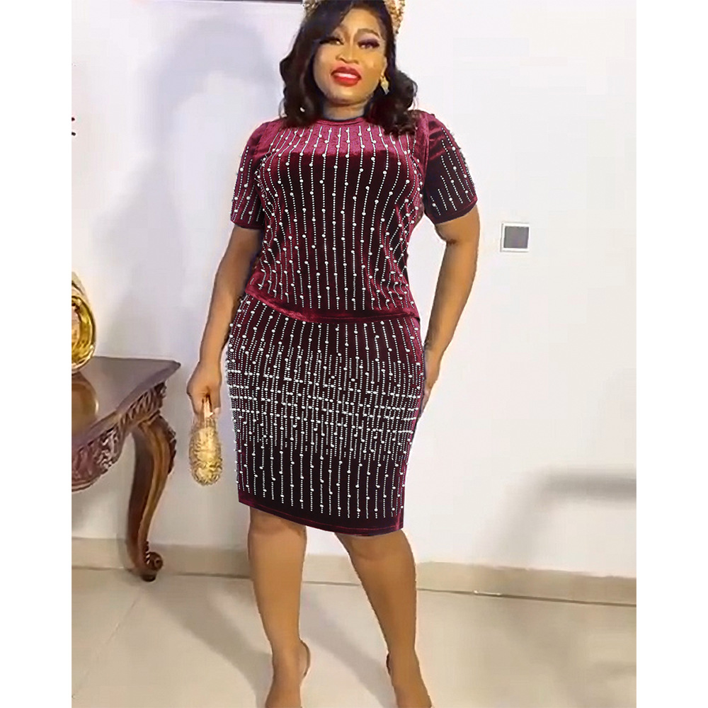 Large two piece skirt suit heavy industry nail bead flannel fashion casual T-shirt + Hip Wrap Skirt African dress