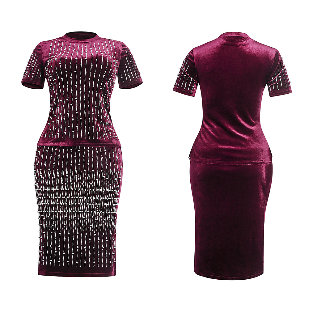 Large two piece skirt suit heavy industry nail bead flannel fashion casual T-shirt + Hip Wrap Skirt African dress