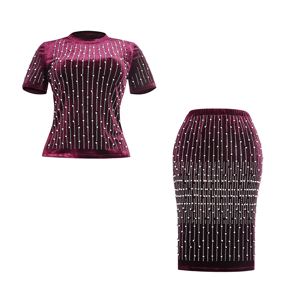 Large two piece skirt suit heavy industry nail bead flannel fashion casual T-shirt + Hip Wrap Skirt African dress