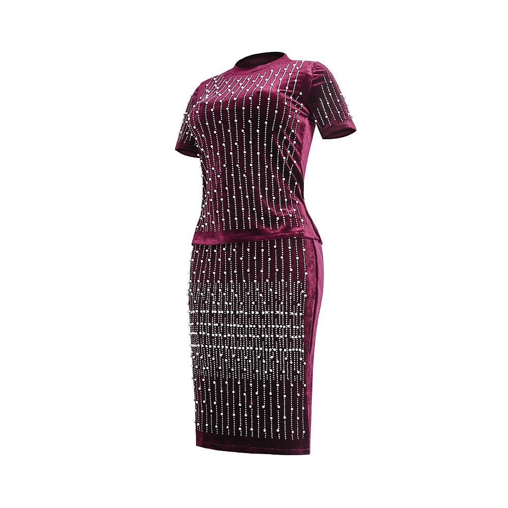 Large two piece skirt suit heavy industry nail bead flannel fashion casual T-shirt + Hip Wrap Skirt African dress